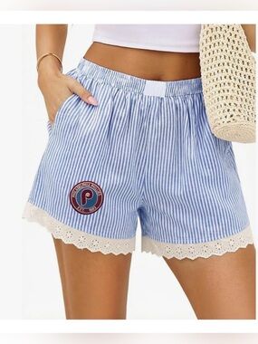 Phillies Blue Striped Women's Shorts with Lace Trim